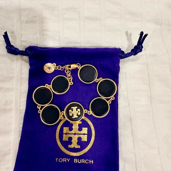Tory Burch Jewelry - Tory Burch Black Enamel and Gold Logo Link Bracelet